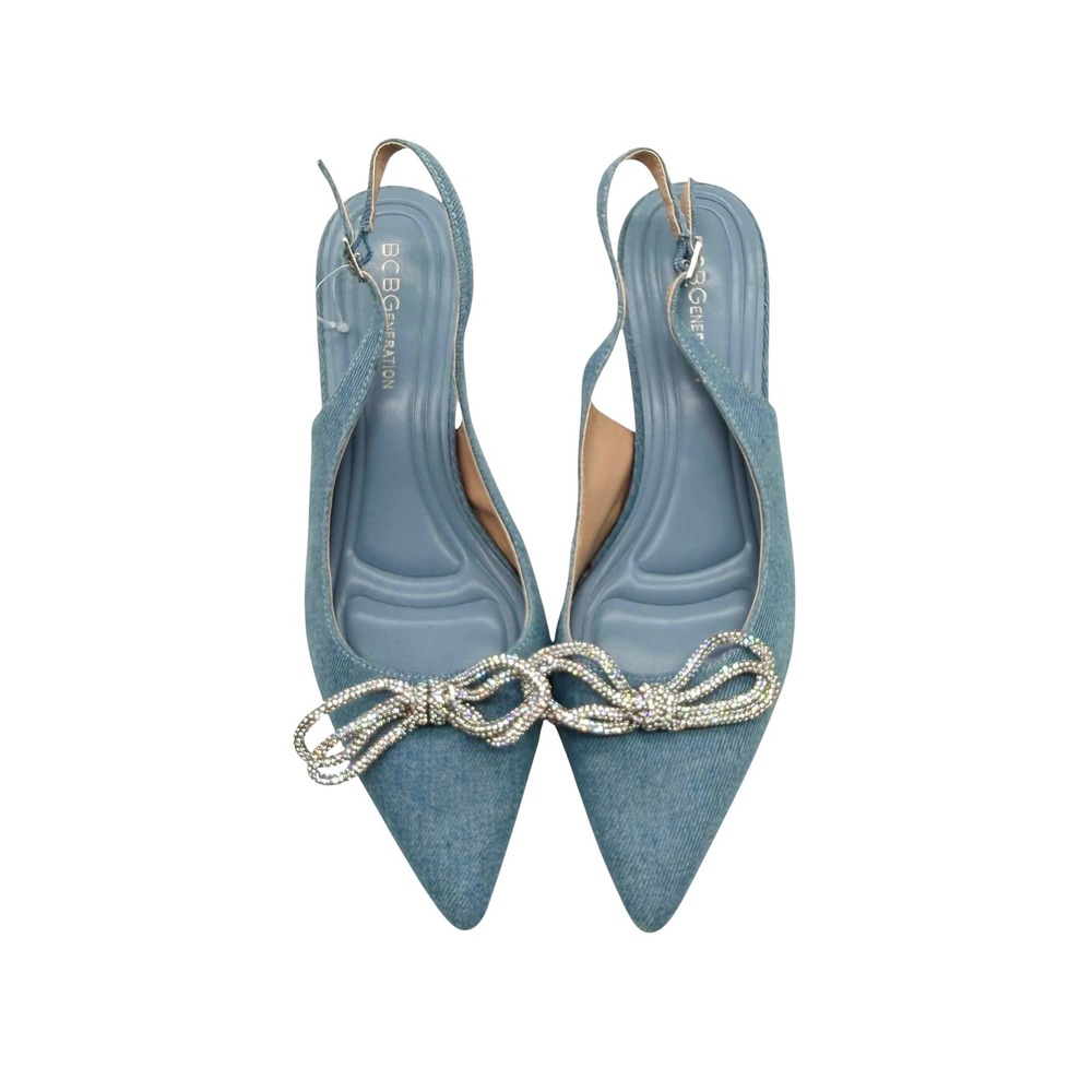 BCBGeneration Denim Rhinestone Bow Slingback Pumps Blue Kitten Heel Size 8.5